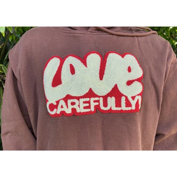 Market Love Carefully Brown Textured Hooded Sweatshirt Unisex XL Cotton Designer - Picture 3 of 8